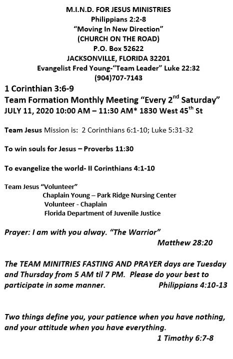 M.I.N.D. FOR JESUS MINISTRIES, PRISON MINISTRY MONTHLY SCHEDULE